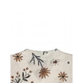 Women's 3D Floral Print V-Neck Sweater - Fashion All-Over Brown & Beige Floral Pattern, Soft All-Season Versatile Casual & Formal Wear, Cute Sweater, Formal Attire, Vneck Design, Detailed Knitwear, Everyday Outfit, Highquality Material, Trendy Women