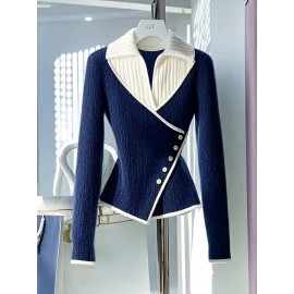 [Women's Navy Blue Sweater] Elegant Fake Two-Piece Sweater for Women | Navy Blue, Waist Accent, Soft Chic, Office & Party Outfits, Machine Washable, Winter, Seasonal Wardrobe Staple, Asymmetrical Detailing, Comfortable Fit, Fashionforward Top, Trendy