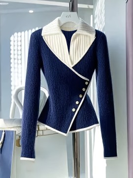 [Women's Navy Blue Sweater] Elegant Fake Two-Piece Sweater for Women | Navy Blue, Waist Accent, Soft Chic, Office & Party Outfits, Machine Washable, Winter, Seasonal Wardrobe Staple, Asymmetrical Detailing, Comfortable Fit, Fashionforward Top, Trendy