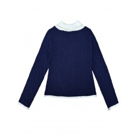 [Women's Navy Blue Sweater] Elegant Fake Two-Piece Sweater for Women | Navy Blue, Waist Accent, Soft Chic, Office & Party Outfits, Machine Washable, Winter, Seasonal Wardrobe Staple, Asymmetrical Detailing, Comfortable Fit, Fashionforward Top, Trendy