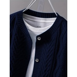 Women'S Vintage Cable Cardigan - Navy Button-Front Sweater with Ribbed Collar, Long Sleeve Casual Open Front Sweater for Spring/Fall, Office, Party