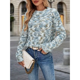 Women's Autumn Winter Sweater - Middle Eastern-Inspired Gradient Color Block Design, Soft Round Neck Long Sleeve Pullover, Elegant Casual Chic Top for Versatile Outfits, Sweater