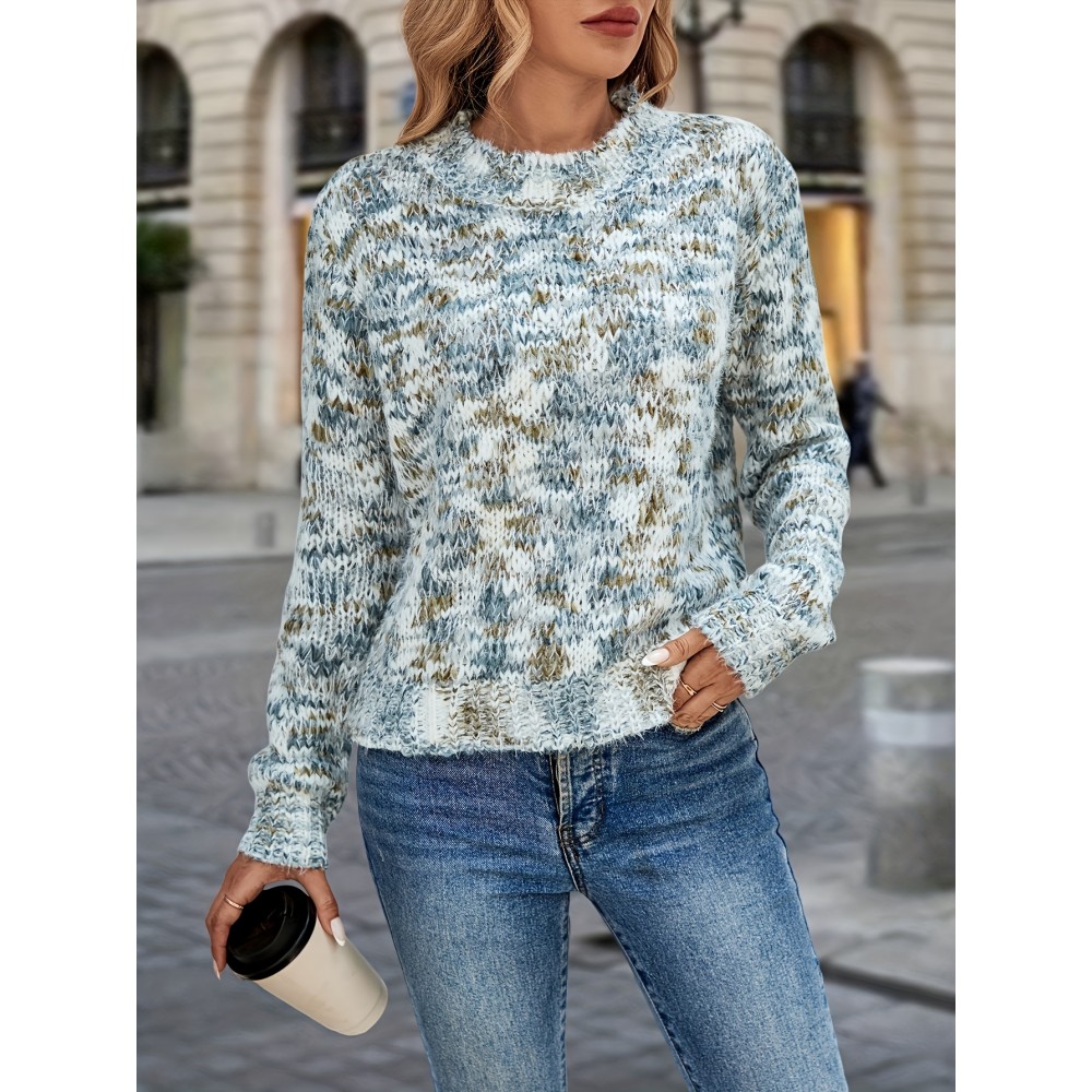 Women's Autumn Winter Sweater - Middle Eastern-Inspired Gradient Color Block Design, Soft Round Neck Long Sleeve Pullover, Elegant Casual Chic Top for Versatile Outfits, Sweater