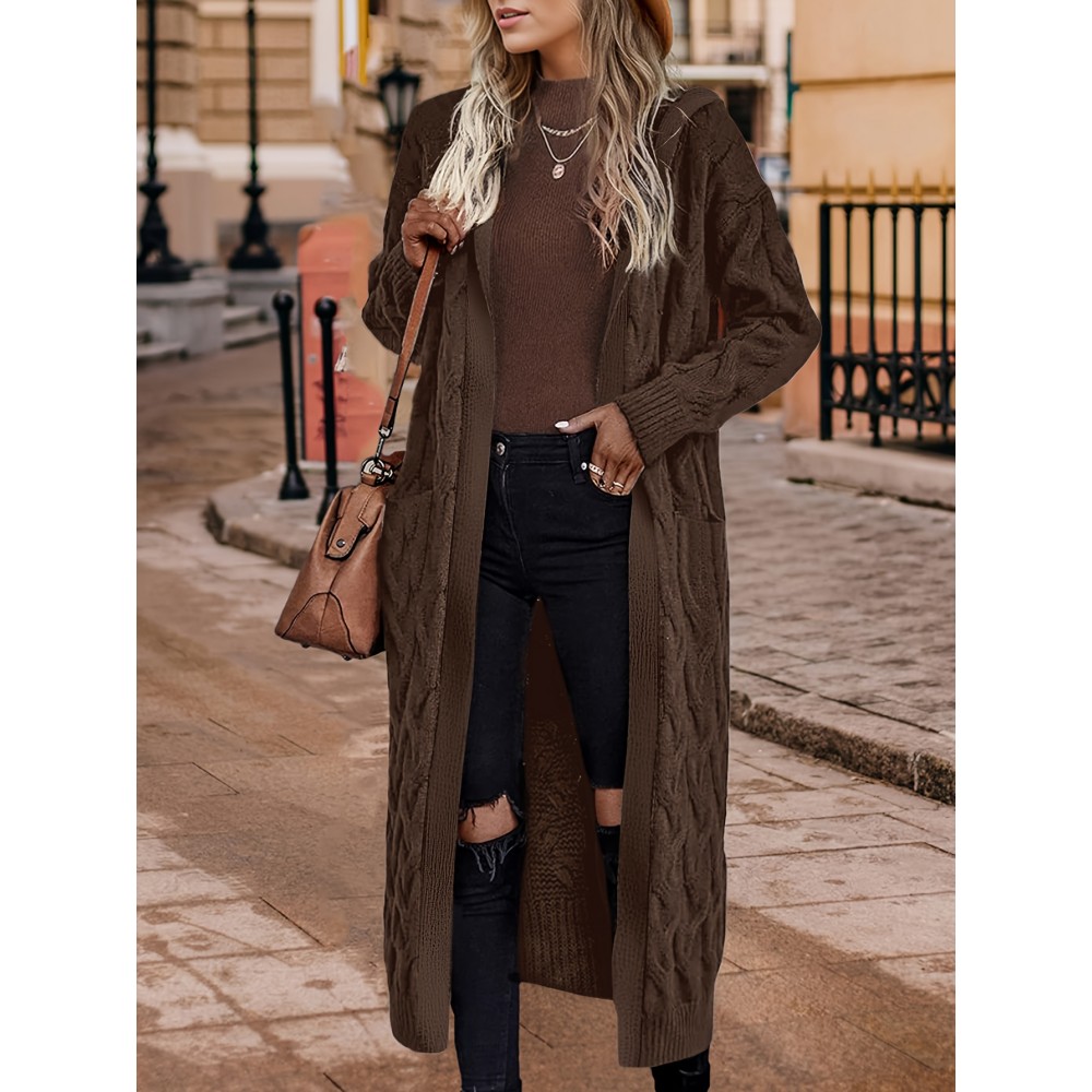 Brown Women's Oversized Hooded Cardigan Sweater with Pockets - Thick Winter Warmth, Mid-Stretch Comfort, Elegant Longline Coat for Fall & Winter, Casual to Semi-Formal Outfits