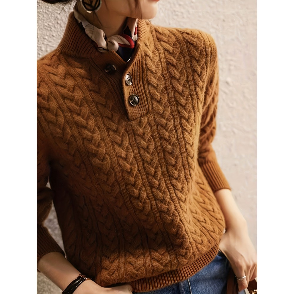 Women's Elegant Cable Sweater - Long Sleeve Pullover Sweater with Stand-Up Collar & Front Button Closure, Chic Fall Winter Sweater for Office, Party, Everyday Outfits - Women's Sweater Clothing, Office Wear, Classic Knitwear, Cozy Fabric, Working Professionals