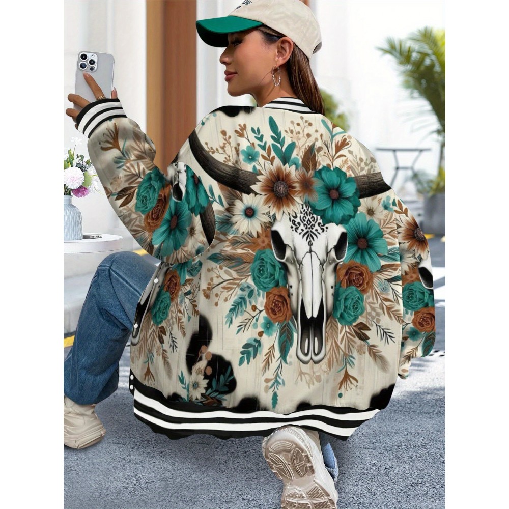 Women's Plus-Size Western Bohemian Cow Skull & Floral Print Jacket - Beige & Teal Cowboy Coat with Button Front, Long Sleeve Bomber for Country Concerts, Fall Winter Outfits - Machine Washable Outerwear