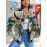 Women's Plus-Size Western Bohemian Cow Skull & Floral Print Jacket - Beige & Teal Cowboy Coat with Button Front, Long Sleeve Bomber for Country Concerts, Fall Winter Outfits - Machine Washable Outerwear