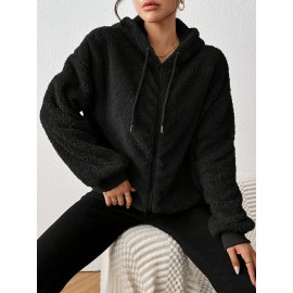 Plus Size Women's Winter Hooded Zip Jacket - Solid Color Sporty College Style Sweatcoat with Hood, Thick Warm Outerwear for Cold Weather, Gym, Skiing & Casual Attire (Machine Washable)