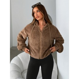 Plus Size Women's Winter Hooded Zip Jacket - Solid Color Sporty College Style Sweatcoat with Hood, Thick Warm Outerwear for Cold Weather, Gym, Skiing & Casual Attire (Machine Washable)