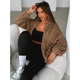 Plus Size Women's Winter Hooded Zip Jacket - Solid Color Sporty College Style Sweatcoat with Hood, Thick Warm Outerwear for Cold Weather, Gym, Skiing & Casual Attire (Machine Washable)