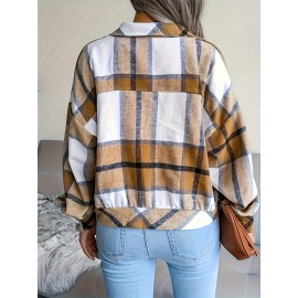 Women's Plus Size Sporty Loose Fit Casual Plaid Shirt Jacket - Long Sleeve Button-Up Front with Golden-Tone Buttons, Classic Collar & Machine Washable, Blue/White/Black/Beige for Fall Winter Layering, Autumn Apparel, Durable Fashion, Casual Attire, Quality Stitching, Everyday Outfit