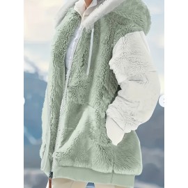 Women'S Plus Size Thick Plush Hooded Coat with Pockets - Solid Color Sporty Winter Jacket, Adjustable Drawstring Hood & Long Sleeves for Autumn & Winter, Cozy Casual Outerwear, Winter Jacket, Cold Weather Apparel, Durable Warmth