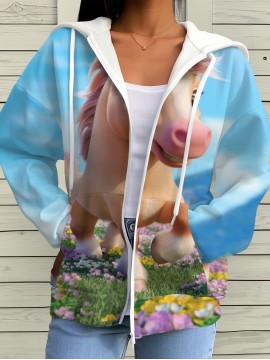 Women's Cute Horse & Flower Print Cardigan Jacket - Soft Slim-Fit Winter Coat with Hood-like Collar, Long Sleeve Blazer for Fall & Winter, Machine Washable Sweater (No Belt) - Equestrian-Themed Outerwear