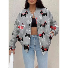 Plus Size Woman's Christmas Scottish Terrier & Snowflake Print Jacket - Winter Dog Coat with Button Front, Machine Washable Polyester Outerwear for Holiday Parties & Cold Weather