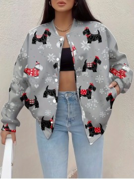 Plus Size Woman's Christmas Scottish Terrier & Snowflake Print Jacket - Winter Dog Coat with Button Front, Machine Washable Polyester Outerwear for Holiday Parties & Cold Weather