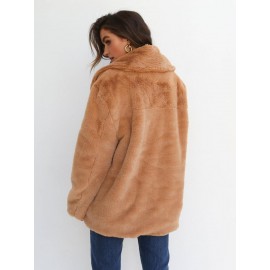Women'S Plus-Size Elegant Plush Lapel Winter Jacket - Soft Brown/ - Open Front Coat with Classic Collar & Long Sleeves - All-Season Casual to Formal