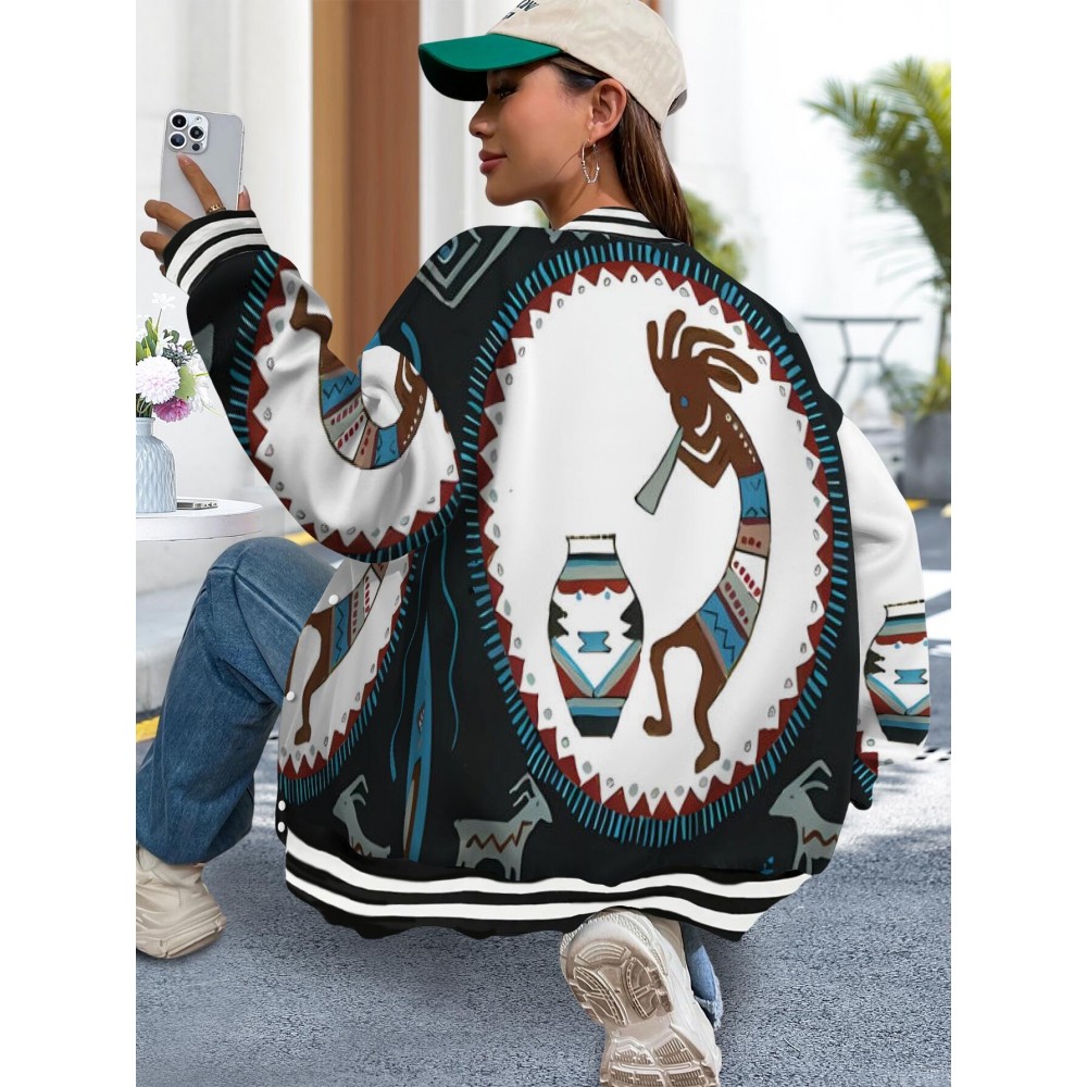 Women's Southwest Kokopelli Native American Tribal Jacket - Turquoise & Kokopelli Flute Print Hoodie Coat, Warm -like Blended Fabric, Plus Size Winter Casual Wear, Southwestern Style Gift for Native American Heritage