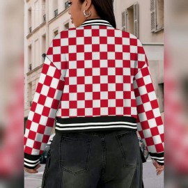 Women's & Unisex Retro Red White Checkered Baseball Jacket - Oversized Long Sleeve Gingham Top, Casual Streetwear Party Festival Outfit, Autumn Winter Warmth, Large Size Comfort Fit, Easy Care Hand Wash/Dry Clean (No Belt/Hardware), Seasonal Fashion, Vintage Aesthetic, Comfortable Fabric, Checkered Top, Fashion Enthusiasts