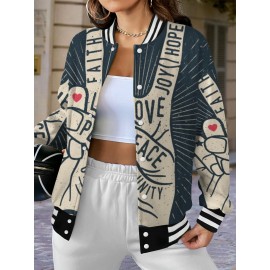 Women'S Plus Size Retro 70s Hippie Style Jacket - Faith Love Joy Unity & Peace Signs 3D Print, Machine Washable Winter Warm Coat with Stand Collar