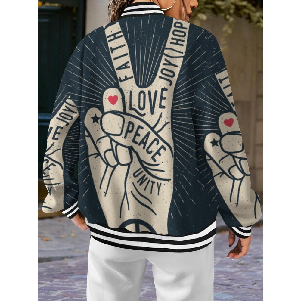 Women'S Plus Size Retro 70s Hippie Style Jacket - Faith Love Joy Unity & Peace Signs 3D Print, Machine Washable Winter Warm Coat with Stand Collar