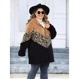 Women'S Plus-Size Leopard Print Hooded Jacket - Full-Zip Winter Coat with Full-Length Zipper, Warm Casual Outerwear, Cozy Fall & Winter Jacket for Everyday Outfits, Parties & Travel | Stylish & Comfortable Animal Print Outerwear