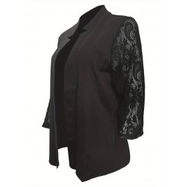 Plus Size - Women'S Elegant Lace Sleeve Blazer - Structured Lapel Collar Tailored Fit Cardigan, Solid Black with Contrast Lace Cuff & Hem, Spring Summer Casual to Semi-Formal Outerwear, Versatile for Everyday & Special Occasions, Lace Blazer for Women Plus Size, Plus Size Lace Blazer for Women Plus Size Coats And Jackets, Formal Lace Blazer for Women, Stretch Blazer For Women