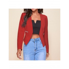 Plus Size, Women's Plus-Size Elegant Mustard-Yellow Blazer with Black Collar & Zipper Pockets - Structured Collar Long Sleeve Tailored Coat, All-Season Versatile Jacket for Casual, Business & Formal Wear - Machine Washable Tailored Fit (Vibrant Yellow) - Front Placket, Notched Collar, Zipper Closure, Solid Color, Suitable for Spring & Autumn, Mature Style, Suitable for Casual Attire, Plus Size Womens Blazer, Oversized Blazer For Women Plus Size,
