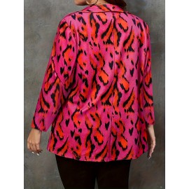 Plus Size, One Piece Autumn/Winter Plus Size Color Block Women's Leopard Print Lapel Long Sleeve Button Front Casual Fashion Coat