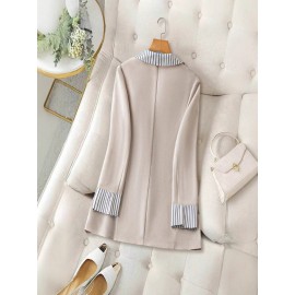 Plus Size - Plus Size, Women'S Plus Size British Style Blazer - Elegant & Contrast Lapel Lapel Jacket, Structured Loose Fit Tailored Suit Coat for Professional & Formal Occasions, Spring/Fall Casual to Formal Outfits, Classic Solid Color Non-Stretch