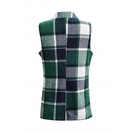 Plus Size - Plus Size, Women'S Plus Size Sleeveless Stand Collar Blazer - Elegant Plaid Print (Green/Black/White) H-Line Silhouette, Structured Lapel Collar & Open Front Closure, Long Length for Office Commute & Casual Outfits, Autumn Winter Outerwear, Versatile Tailored Fit, Workwear Essential, Highquality Stitching, Quality Tailoring
