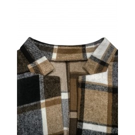 Plus Size - Plus Size, Women'S Plus Size Sleeveless Stand Collar Blazer - Elegant Plaid Print (Green/Black/White) H-Line Silhouette, Structured Lapel Collar & Open Front Closure, Long Length for Office Commute & Casual Outfits, Autumn Winter Outerwear, Versatile Tailored Fit, Workwear Essential, Highquality Stitching, Quality Tailoring