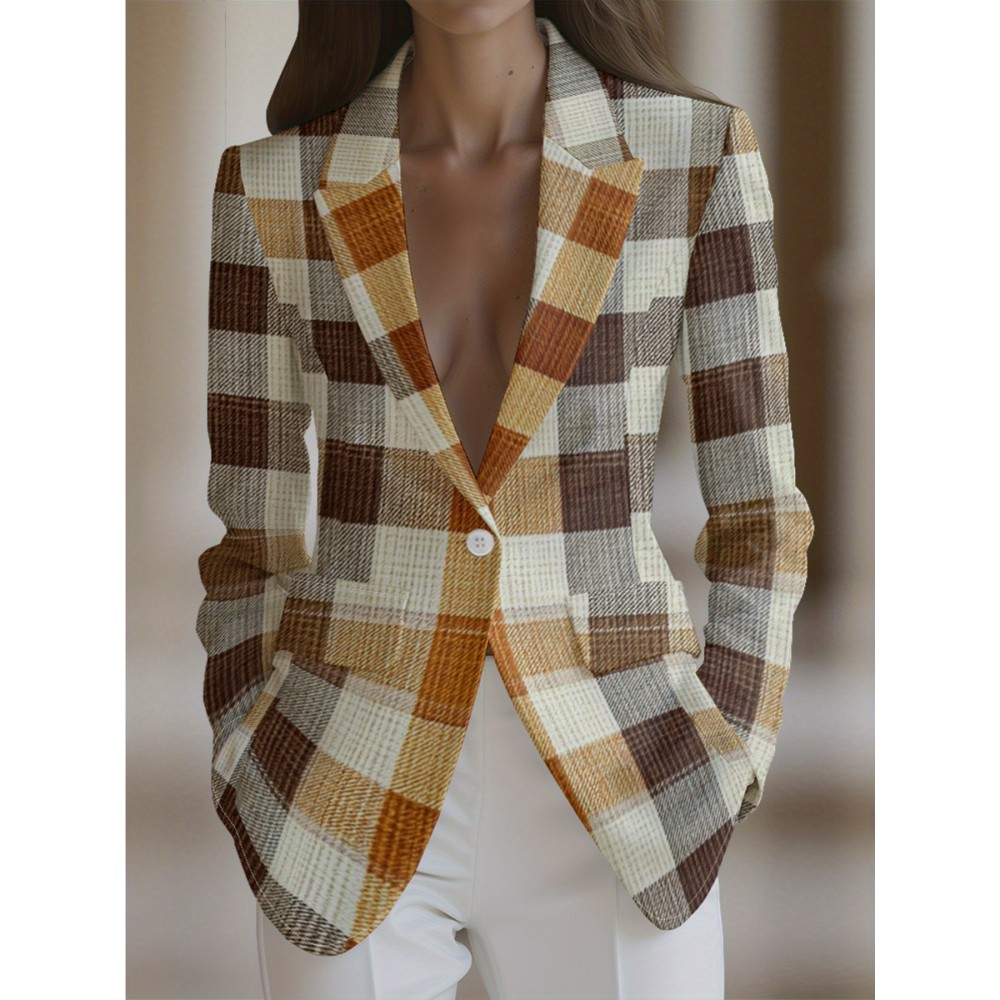 Plus Size - Plus Size Women'S H-Line Structured Blazer Jacket - Elegant Plaid Print (Brown/Beige/Tan/White) Long Sleeve Tailored Coat with Pockets, Machine Washable, Single-Button Closure for Office, Party & Semi-Formal Attire - Spring/Fall Outerwear, Versatile Casual to Professional Wear, Jackets for Women Plus Size, Plus Size Womens Coats And Jackets, Blazer for Women Plus Size Elegant Classy, Coats for Women, Plus Size Coats, Cardigan For Women, Women Cardigan, Plus