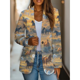 Plus Size, Women's Western Cowgirl Print Blazer Jacket - Horse & Cowboy All-Over Pattern (Horses/Tents/Hats) - Soft-Lining Polyester Suit Coat for Casual & Professional Wear, Cowboy-Themed Events, Wrinkle-Resistant H-Line Fit (No Belt), Printed Blazers For Women, Jackets For Women, Blazers For Women Elegant Classy, Halloween Plus Size, Casual Blazer For Women, Unusual Clothes For Women, Suits For Women, Halloween Coat, Boho Blazer For Women, Leopard Long Coat, Tops For Women