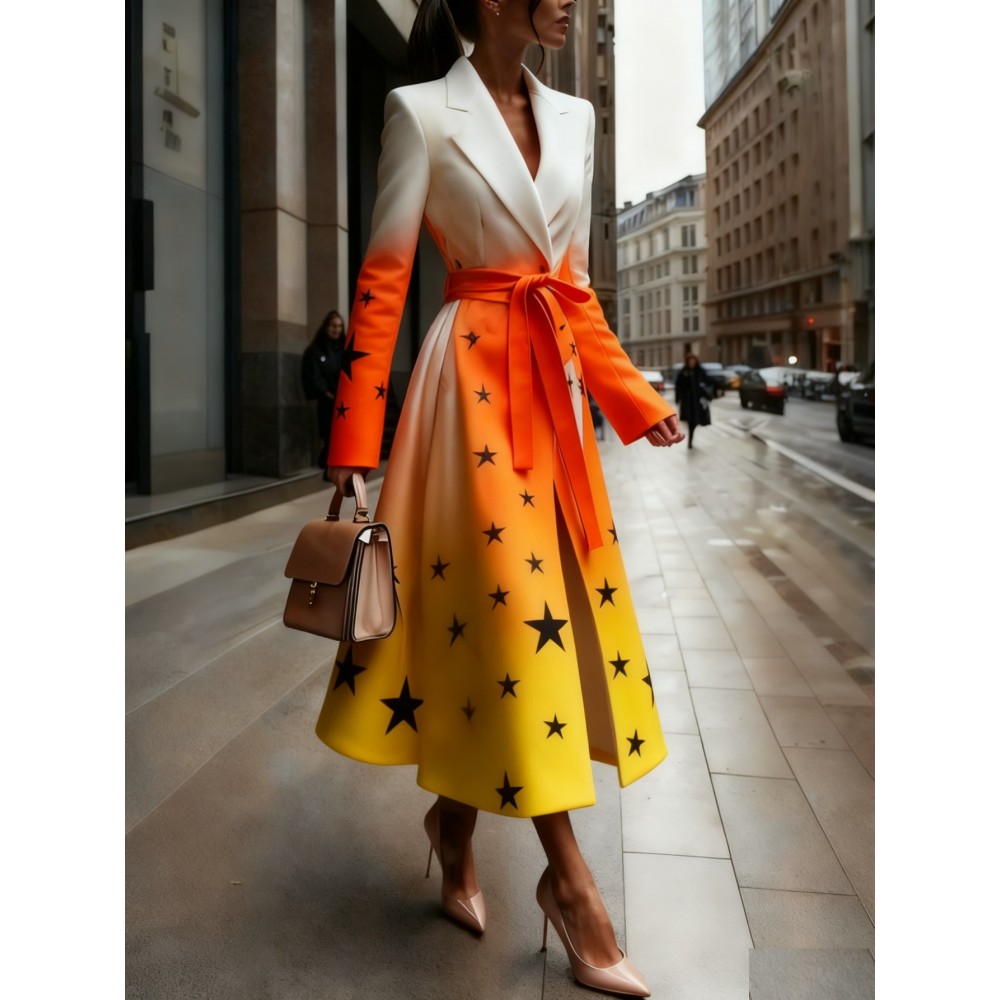 Plus Size - Women'S Elegant Lapel Blazer - Slim-Fit Long Knee-Length 2D Printed Suit Coat with Golden Pattern, Structured Lapel Collar & Single-Button Closure, All-Season Versatile Work, Travel & Outing Coat for Professional & Casual Wear - Queen-In