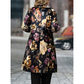 Plus Size - Plus Size Women'S Elegant Floral Print Blazer - Long Sleeve, Single-Breasted, Non-Stretch Fabric, Lapel Collar, Regular Fit, Fall/Winter Casual, Casual Wear Blazer | Floral Print Blazer | Nonstretch Fa