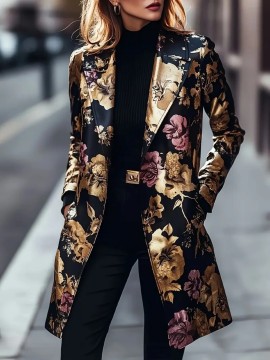 Plus Size - Plus Size Women'S Elegant Floral Print Blazer - Long Sleeve, Single-Breasted, Non-Stretch Fabric, Lapel Collar, Regular Fit, Fall/Winter Casual, Casual Wear Blazer | Floral Print Blazer | Nonstretch Fa