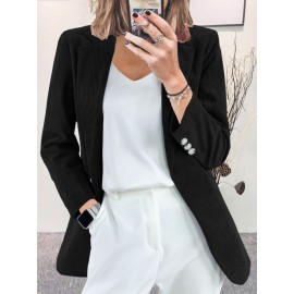 Plus Size, Plus Size Women's Corduroy Blazer Jacket - Elegant /Notch Collar Slim-Fit Cardigan, Solid Color Casual Professional Light Business Outerwear, Machine Washable Fall Winter Swe Coat for, Office & Commute - All Light Beige Tones Available