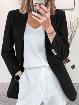 Plus Size, Plus Size Women's Corduroy Blazer Jacket - Elegant /Notch Collar Slim-Fit Cardigan, Solid Color Casual Professional Light Business Outerwear, Machine Washable Fall Winter Swe Coat for, Office & Commute - All Light Beige Tones Available