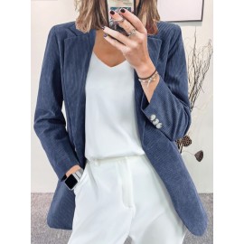 Plus Size, Plus Size Women's Corduroy Blazer Jacket - Elegant /Notch Collar Slim-Fit Cardigan, Solid Color Casual Professional Light Business Outerwear, Machine Washable Fall Winter Swe Coat for, Office & Commute - All Light Beige Tones Available