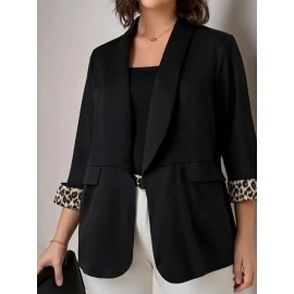 Plus Size, Black leopard print plus-size Women's suit jacket with spliced cuffs, elegant office attire for daily commuting
