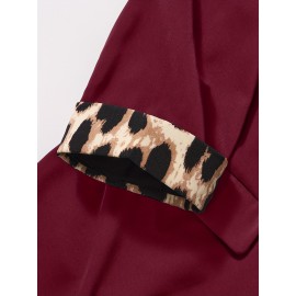 Plus Size, Black leopard print plus-size Women's suit jacket with spliced cuffs, elegant office attire for daily commuting