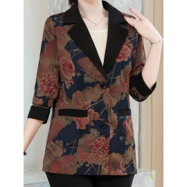 Plus Size, Scacto Women's Vintage Floral print Blazer Jacket - Elegant Lapel Collar & Belted Waist, Single-Button Front, Dropped Shoulder - Winter Formal Party Wedding Attire, Hand Washable Statement Piece for Special Occasions