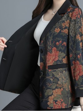 Plus Size, Scacto Women's Vintage Floral print Blazer Jacket - Elegant Lapel Collar & Belted Waist, Single-Button Front, Dropped Shoulder - Winter Formal Party Wedding Attire, Hand Washable Statement Piece for Special Occasions