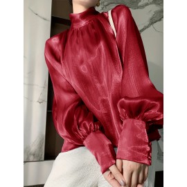 [Laceup Detailing Retro Fashion] Vintage Elegant Women's Blouse - Long Sleeve High Neck Shirt with Tie-Front Detail, All-Season Formal & Everyday Blouse for Office, Parties, Casual Outfits - Women's Clothing, Party Attire, Laceup Detailing, Office Attire, Retro Fashion