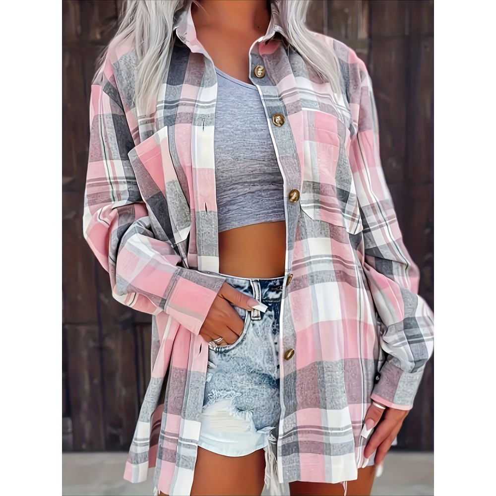 Women's Casual Long Sleeve Gingham Shirt - 100% Polyester Lapel Collar Blouse with Pockets, Regular Fit Plaid Button-Up for Fall/Winter