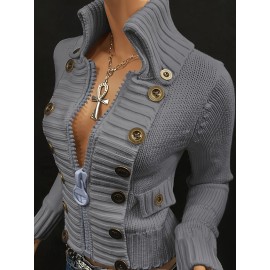 Multi-button decorated large zipper stand-up collar slim-fit cardigan