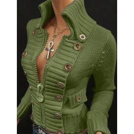 Multi-button decorated large zipper stand-up collar slim-fit cardigan