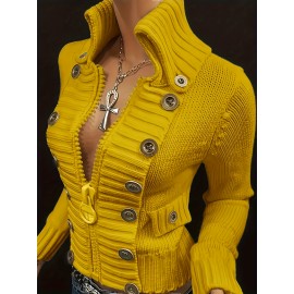 Multi-button decorated large zipper stand-up collar slim-fit cardigan