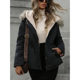 Women's Plus Size Oversized Hooded Jacket with Pockets - Warm Winter Coat, Machine Washable Casual Sports Outerwear, Solid Color Long Sleeve Zip-Free Design for Fall & Winter, Versatile for Everyday & Special Occasions