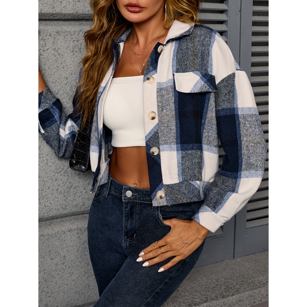 Women's Plus Size Sporty Loose Fit Casual Plaid Shirt Jacket - Long Sleeve Button-Up Front with Golden-Tone Buttons, Classic Collar & Machine Washable, Blue/White/Black/Beige for Fall Winter Layering, Autumn Apparel, Durable Fashion, Casual Attire, Quality Stitching, Everyday Outfit